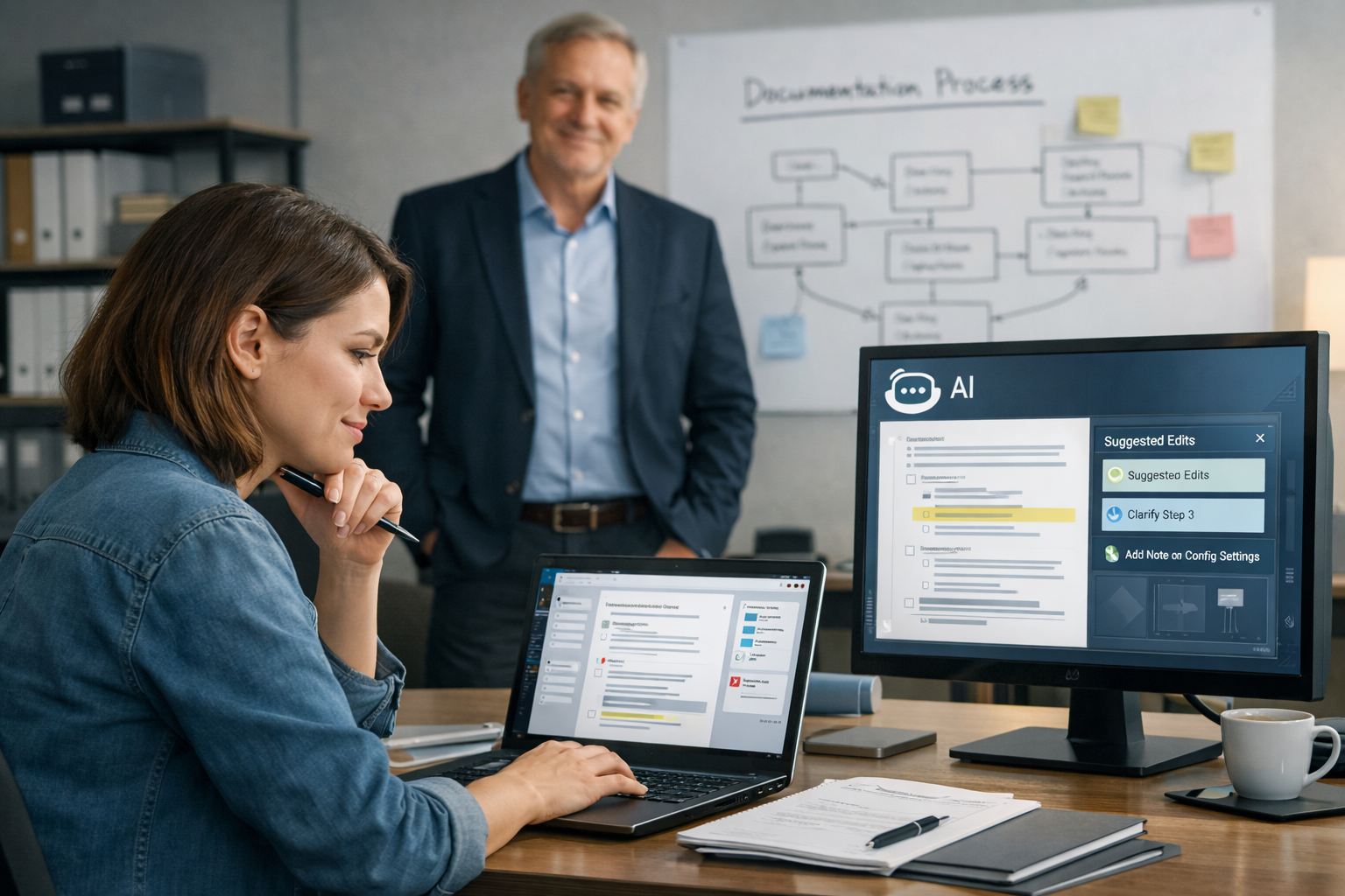 Technical writer collaborating with AI under human governance in a modern documentation workflow